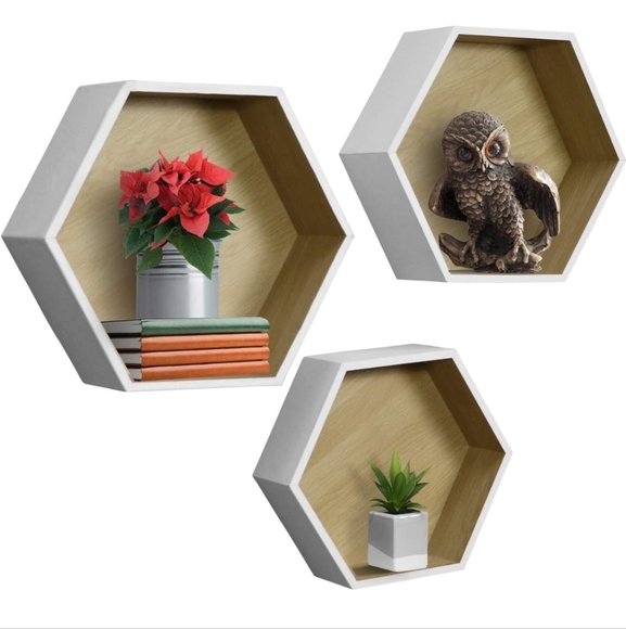NEW 3 Floating Shelf Hexagon Set — Honeycomb Wall Mounted Shelves, Decorative